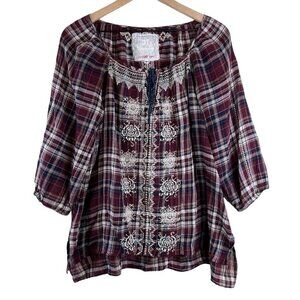 Johnny Was 3J Workshop Burgundy Plaid Embroidered Peasant Blouse